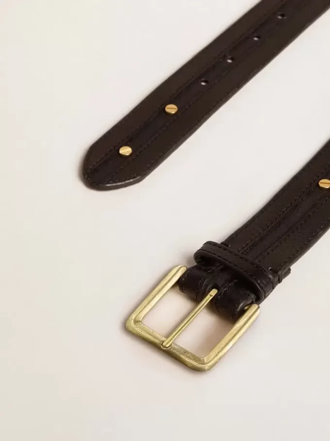 Zwarte damesriem van gewassen leer met gouden studs
