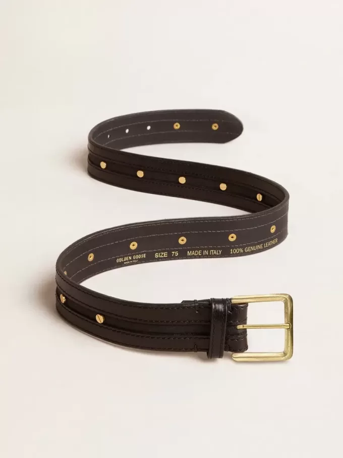 Zwarte damesriem van gewassen leer met gouden studs