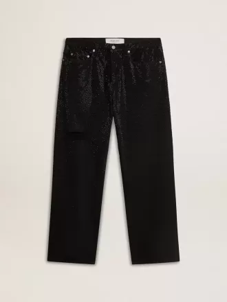 Zwarte herenjeans met een losse pasvorm en een all-over kristallen met kleurverloop.