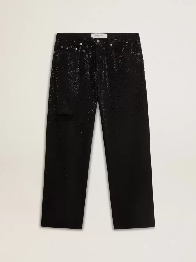 Zwarte herenjeans met een losse pasvorm en een all-over kristallen met kleurverloop.