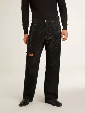 Zwarte herenjeans met een losse pasvorm en een all-over kristallen met kleurverloop.