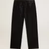 Zwarte herenjeans met een losse pasvorm en een all-over kristallen met kleurverloop.