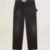 Zwarte katoenen damesjeans met slijtage-effect en patches aan de voorkant
