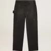 Zwarte katoenen damesjeans met slijtage-effect en patches aan de voorkant