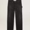 Zwarte katoenen herenjeans met versleten effect en patches aan de voorkant