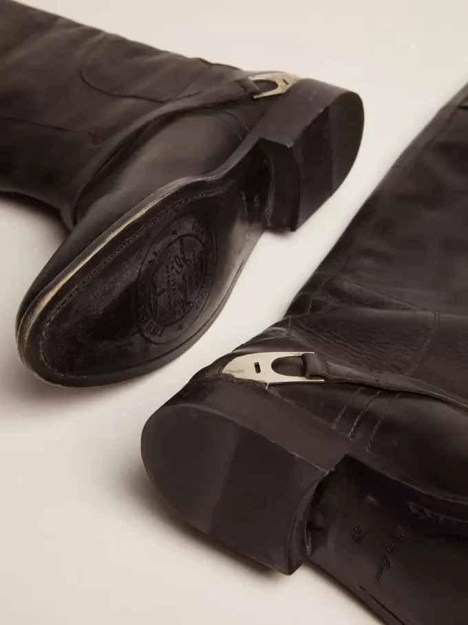 Zwarte leren dameslaarzen met klem op de hiel