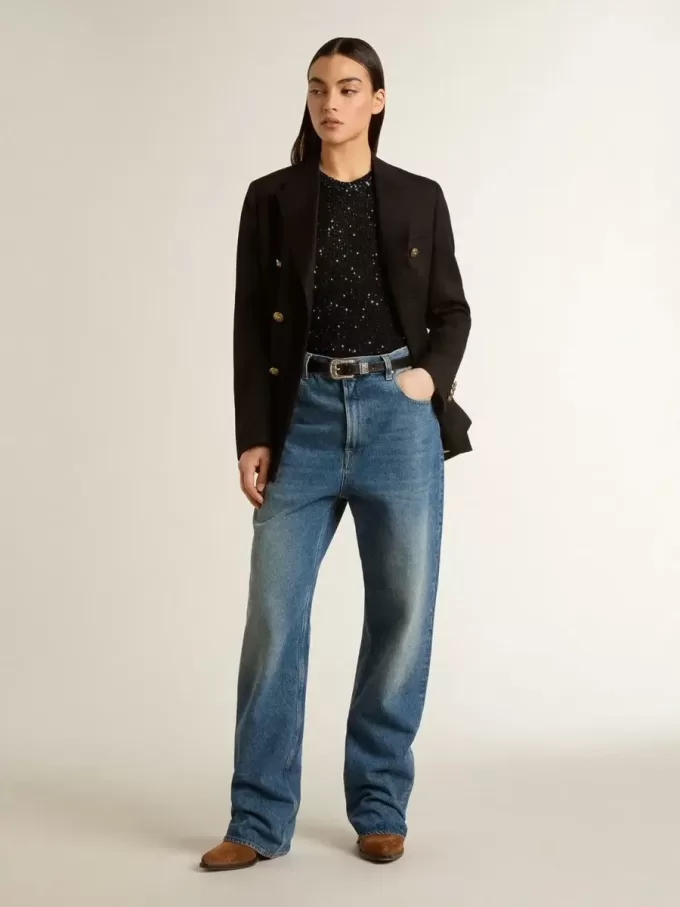 Zwarte mesh-top met pailletten en contrasterende details