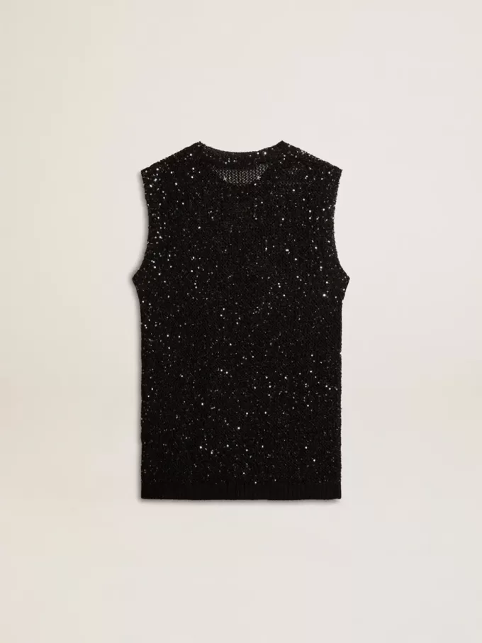 Zwarte mesh-top met pailletten en contrasterende details