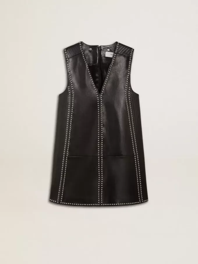 Zwarte nappa leren damesjurk met studs