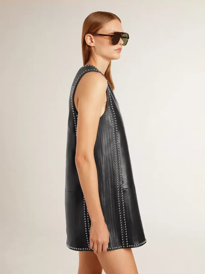Zwarte nappa leren damesjurk met studs