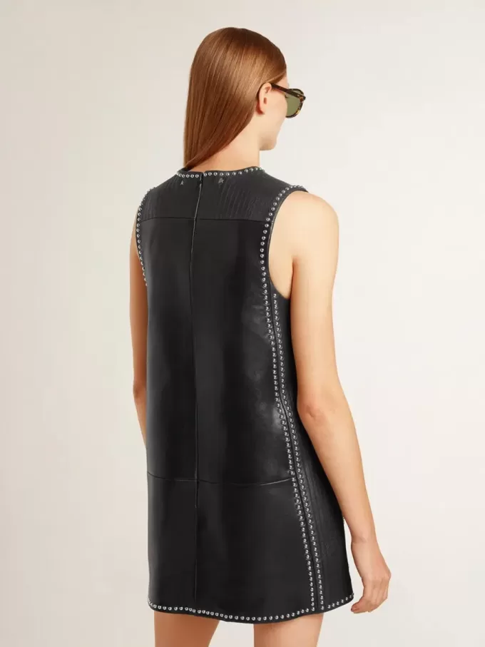 Zwarte nappa leren damesjurk met studs