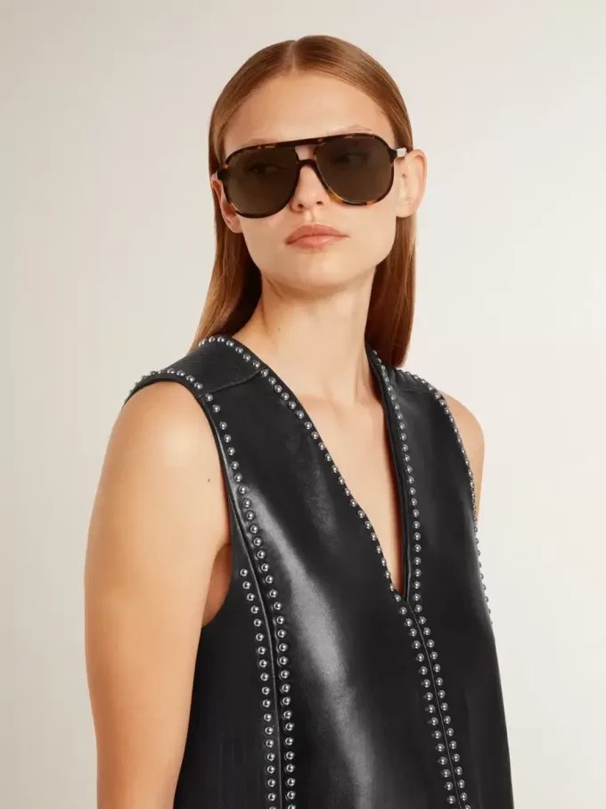 Zwarte nappa leren damesjurk met studs