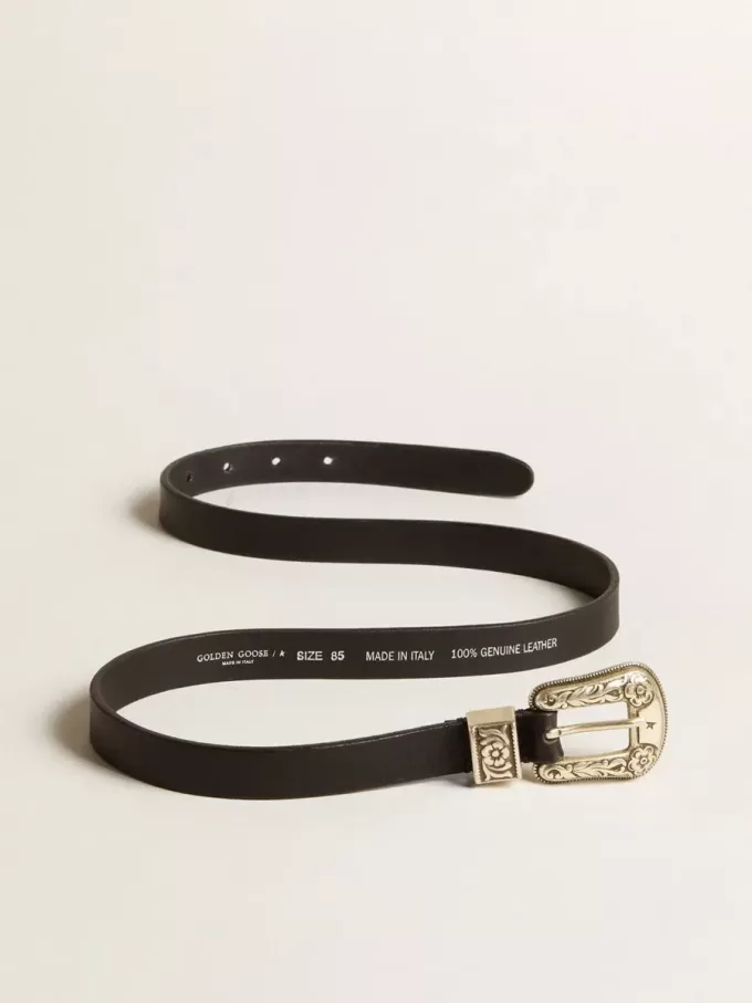 Zwarte riem van gewassen leer met zilverkleurige gesp