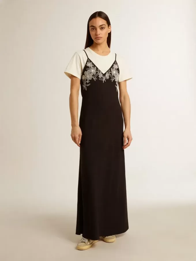 Zwarte slipdress voor dames met borduursels