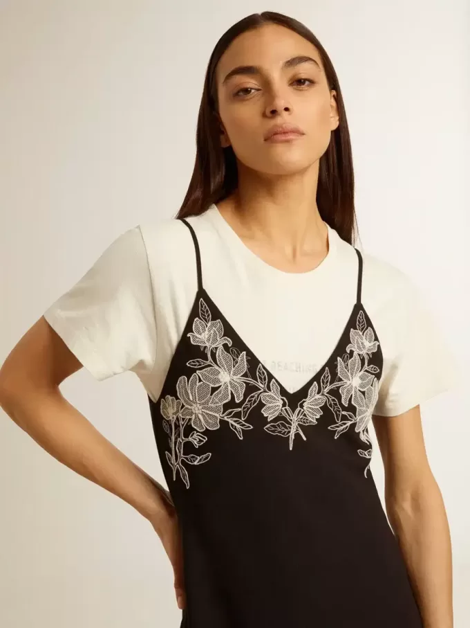 Zwarte slipdress voor dames met borduursels
